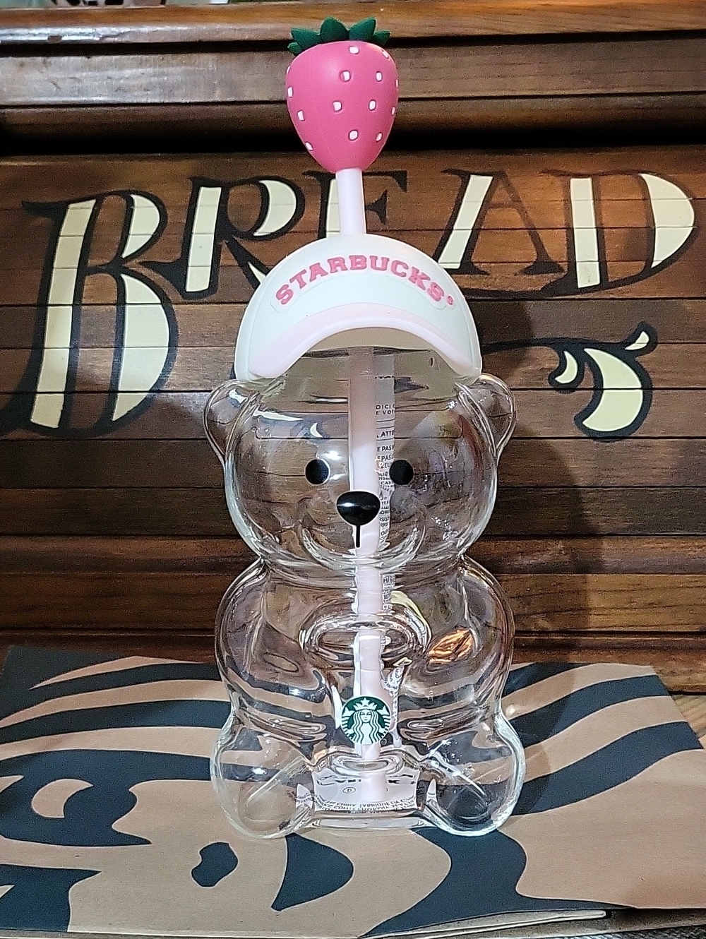 Starbucks Clear Bear Tumbler with Pink Strawberry Top